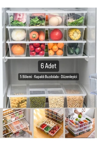 6 Adet Luna Kapaklı 5 Bölmeli Buzdolabı Düzenleyici Sebzelik - Et Şeffaf