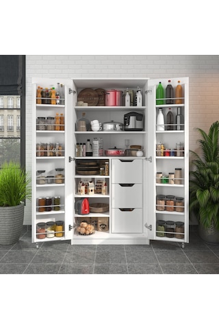 165 Derece Açılabilir 2 Kapaklı, 3 Çekmeceli, Kavanoz Raflı Kiler Ve Erzak Mutfak Dolabı Beyaz