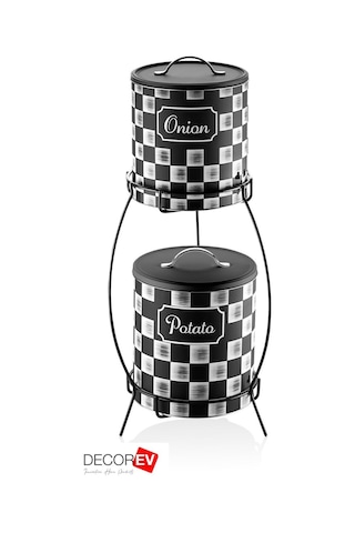 Decorev 2 Katlı Kulplu Patates Soğanlık Metal Patates Soğan Kovası Sebzelik Sepeti Dama Desenli