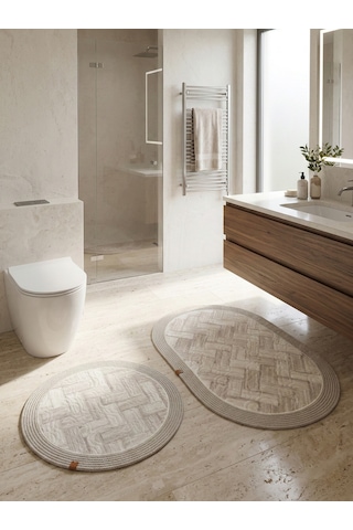 Melena Carpet Premium Kaymaz Taban Banyo Paspası Jüt Kenar Detaylı Oval Yuvarlak Set 100x60-60x60 Beyaz