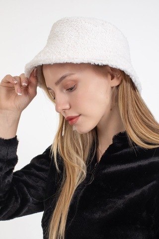 Ladycolor Şapka Kıvırcık Peluş Kumaş Bucket Modeli Krem Krem