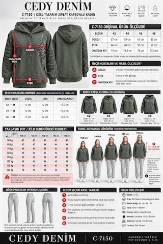 Cedy Denim Cedy -özel Tasarım Kadın Taş Ve Nakış İşleme Detaylı Düğmeli Kapüşonlu Sweat Hırka C7150 Antrasit
