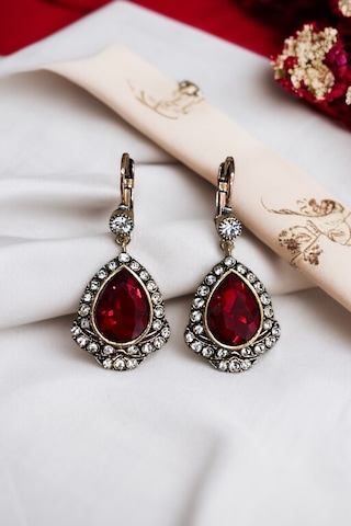 Kristal Taşlı Antik Bronz Su Damlası Küpe Kırmızı