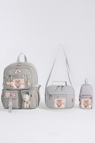 Kawaii Kore Tarzı Aksesuarlı 3'lü Set Çocuk İlkokul Çantası Kalemlikli Beslenme Çantalı Sırt Çantası Gri