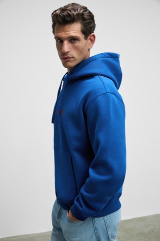 Grımelange BLAISE Erkek Önü Ve Sırtı Baskılı Kapüşonlu Kordonlu Kanguru Cepli Regular Fit Mavi Sweatshirt