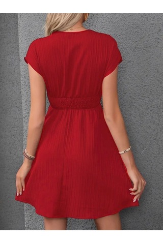Kadın Kısa Kollu Kruvaze Yakalı Beli Lastikli Bürümcük Elbise Kırmızı