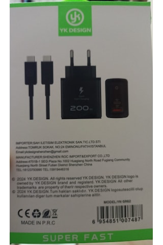 Yk Design Yk-sr62 200w Usb+pd Şarj Başlığı Ve Typec-typec Kablo Adaptör Kablo Set Halinde