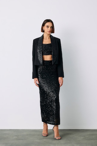 Sateen Pul Payetli Midi Etek - Siyah-135196 Siyah
