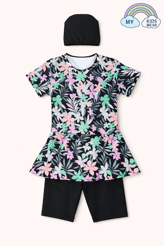 My Kids Wear Kız Çocuk Desenli Şortlu Bone Li Mayo Takımı 12572 Pembe - Siyah