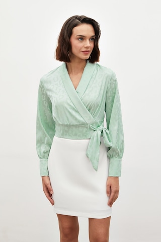 Sateen Yan Kuşaklı Saten Bluz - Mint-134493