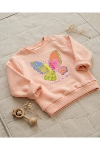Tuffy Pudra Renkli Kız Bebek Sweatshirt Kelebek Detaylı