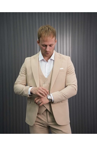 Beystil Sivri Yaka Krem Takım Elbise Petek04 -slim Fit Krem