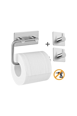 Deltahome  Paslanmaz Çelik Tuvalet Kağıtlığı Standı + 2 Askılık