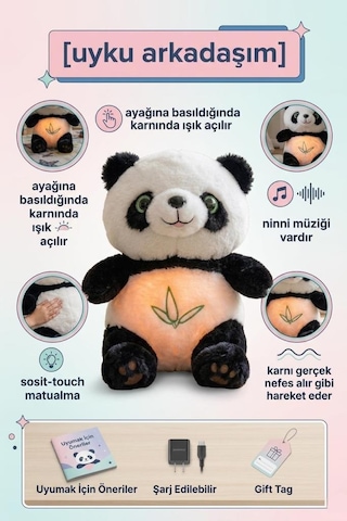Nefes Alan Işıklı Ve Müzikli Panda Uyku Arkadaşım Ritmik Hareketli 30 Cm Oyuncak Peluş Hayvan