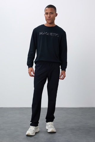 Tommy Life Lacivert Yazı Nakışlı O Yaka Rahat Form İçi Polarlı Erkek Sweatshirt - 88020 Lacivert