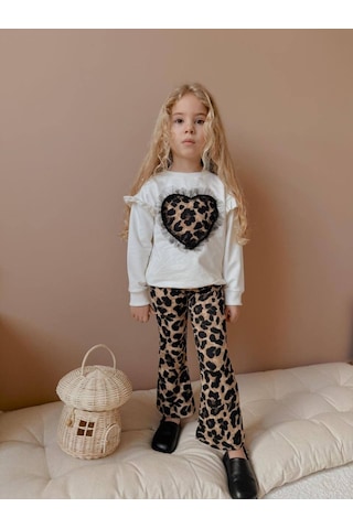 Kız Çocuk Kalp Modelli Tül Detaylı Leopar İspanyol Paça Taytlı Takım Ekru