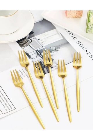 Büro Ev Ofis Mutfağı İçin 6adet 14cm Mini Golden Paslanmaz Çelik Tatlı Çatalı Seti Diğer