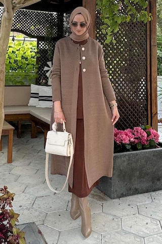 Sinem Çelik Örme Triko Hırka Sütlü Kahve Çok Renkli