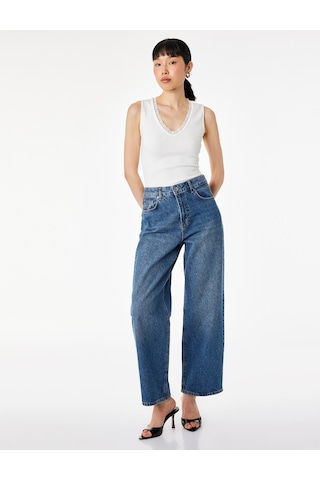 Koton Pamuklu Slim Fit Dantel Detaylı Fitilli Kolsuz V Yaka Bluz Ekru 6sak10386ek