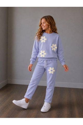 Papatya Desenli Kız Çocuk Sweatshirt Ve Eşofman Altı 2'li Takım 2iplik Süper Kalite Mor - Lila