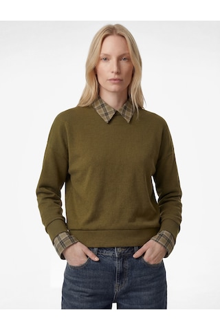 Koton İki Farklı Kumaş Kullanımlı Kombine Uzun Kollu Ekose Gömlek Yaka Sweatshirt Haki 6sak10180ek
