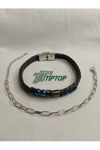 Tiptop/ Siyah Deri Taşlı Çelik Tokalı - Gümüş Renk Ataç Zincir Bileklik Set Gümüş