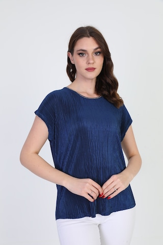 Ella Camelia Kadın Yakası Taş Detaylı Desenli Bluz 19E070 Laciver Lacivert