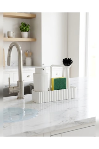Beyaz Mutfak Lavabo Üstü Düzenleyici Set Sünger Dahil Süngerlikli Deterjanlık Bulaşık Fırçalı Tezgah Organizer