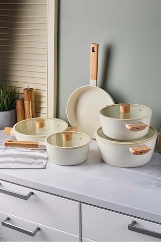 Cookwood Beige 9 Parça Tencere Tava Seti Indüksiyon Tabanlı Ahşap Saplı 18081 Bej