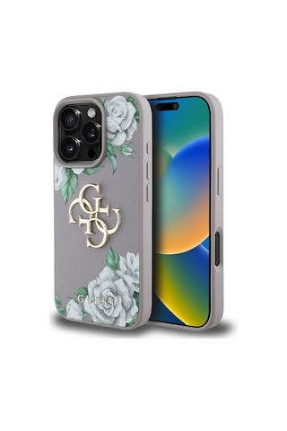 Apple Uyumlu iPhone 16 Pro Max Kılıf Guess Lisanslı Beyaz Gül Baskılı Büyük 4g Metal Logolu Kapak Lavanta Gri