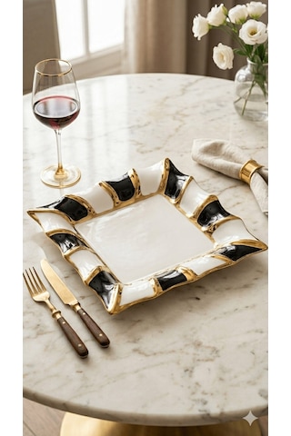 Sembol Porselen Kare Sunum Tabağı Siyah-beyaz-gold 25,5 Cm