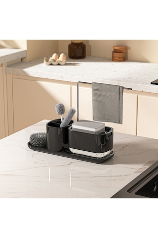 Dancemonkey El Ve Bulaşık Sabunluk Seti - Süngerli Bez Tutuculu Basmalı Sıvı Organizatör Siyah Siyah