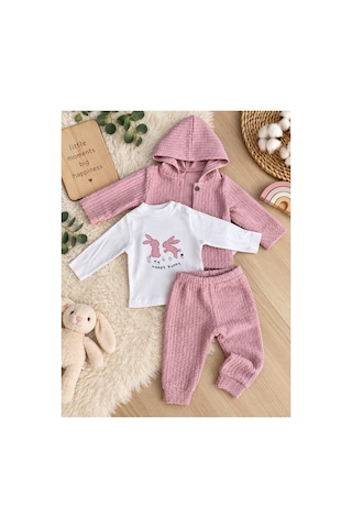 Uğur Bebe Kız Bebek Jakarlı Takım 3 Parça Kapüşonlu Hırka Tavşan Baskılı Üst Pantolon Pudra Pembe Pudra Pudra