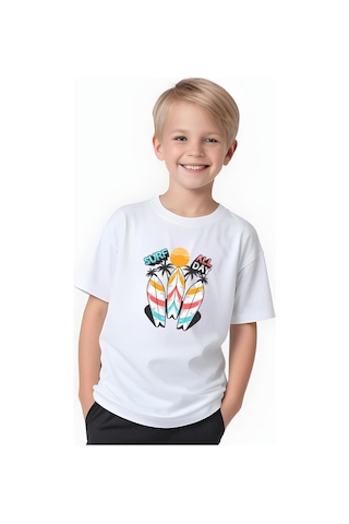Fyk Kids Erkek Çocuk Yuvarlak Yaka Surf All Day Baskılı T-shirt Beyaz