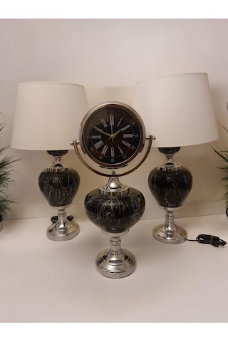 2'li Abajurlu Saatli Set Dekoratif Analog Saat - Siyah Siyah