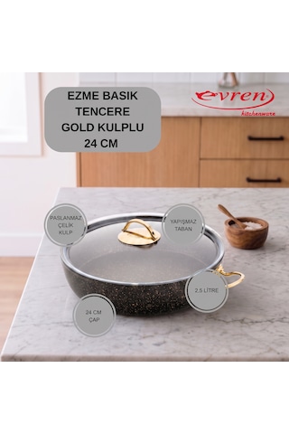 20 Cm Goldstone Ezme Seri Granit Basık Tencere, Non-stick Pilav Karnıyarık Tenceresi 1,7 Lt Çelik Kulp 24 Cm