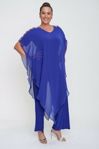 Kadın Tulum Büyük Beden Kol Taş Şeritli Şifon Üstlü Saks