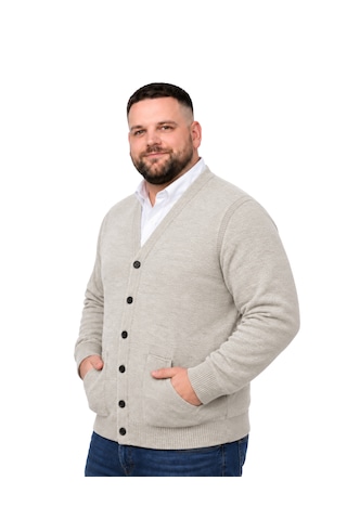 Battalmoda Erkek Büyük Beden Bej Cepli Düğmeli Triko Hırka 3xl-4xl-5xl-6xl
