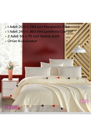 Madam Marica Krem Renkli Çift Kişilik Ponponlu Pike Takımı