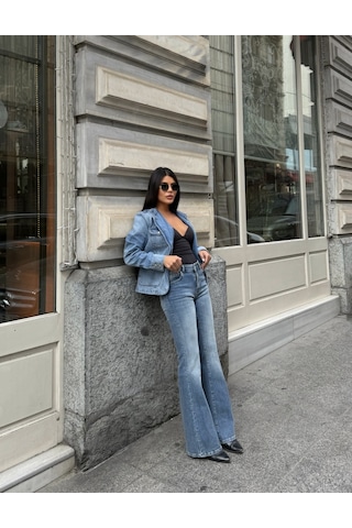 Out Of Standart Kadın Midwaist Flare Yüksek Bel Geniş Paça Jean Pantolon İce Blue