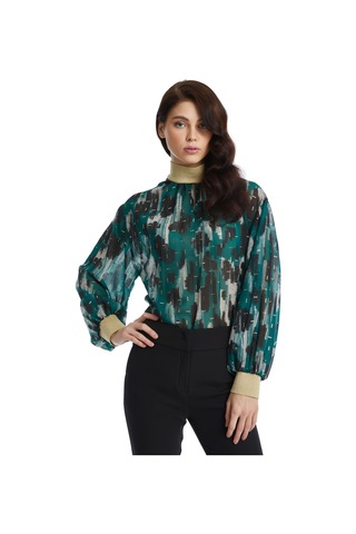 Parlak Detaylı Desenli Balon Kol Bluz Modern Yaka Ve Lastikli Bilek Tasarımıyla Şık Seçim Petrol