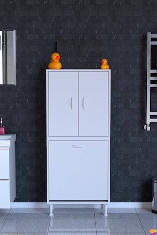 Deniz Kirli Sepetli Ve Kapaklı Raflı, Çok Amaçlı Banyo Dolabı - 65 X 138 X 32,5 Cm 65 Cm