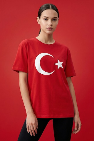 Tommy Life Kırmızı Ay Yıldız Baskılı Unisex T-shirt - 88509 KIrmızı
