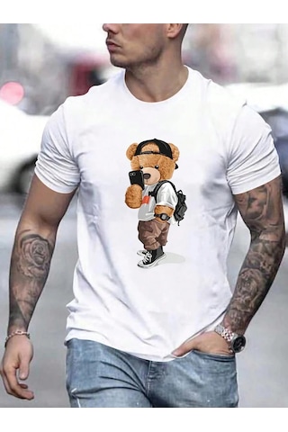 Cool Bear T-shirt - Beyaz Baskılı Oversize Bisiklet Yaka Kısa Kol Tişört Beyaz