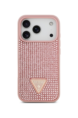 Apple Uyumlu iPhone 17 Pro Kılıf Guess Lisanslı Taşlı Arka Yüzey Üçgen Logolu Kapak Pembe