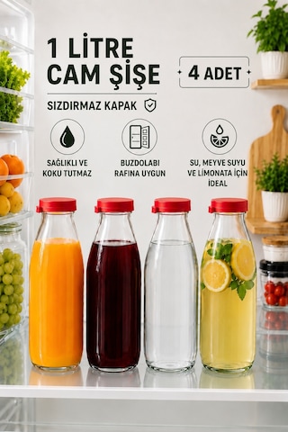 Rotanev 4 Adet 1 Litre Şeffaf Sürahi Süt, Ayran, Su, Limonata, Meşrubat Şişesi Plastik Kapaklı Cam Şişe