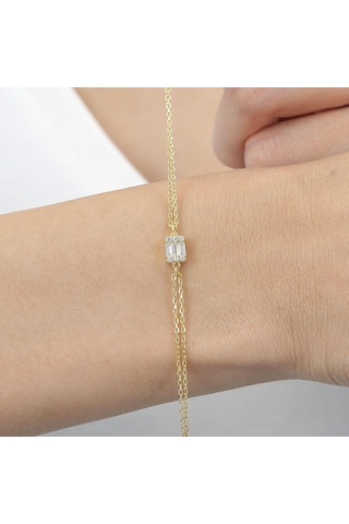 Mia Vento Pırlanta Montür Minimal Dörtgen Baget Gold Renk Gümüş Bileklik
