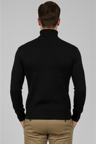 Deepsea Erkek Siyah Kare Desenli Balıkçı Yaka Slim Fit Boğazlı Triko Kazak 2505493 Siyah