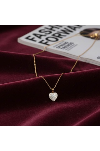 925 Ayar Gümüş Taşlı Bombeli Kalp Kolye Gold