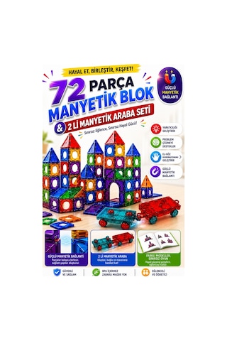 72 Parça Manyetik Yapı Blokları Ve 2'li Manyetik Araba Seti Eğitici Yapı Ve Tasarım Oyuncağı